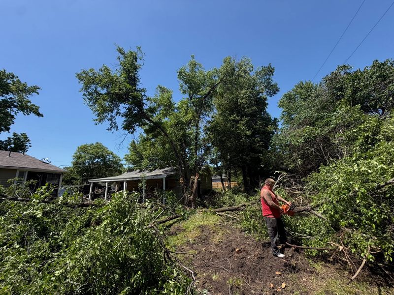 Worker cutting up downed trees and limbs after a storm